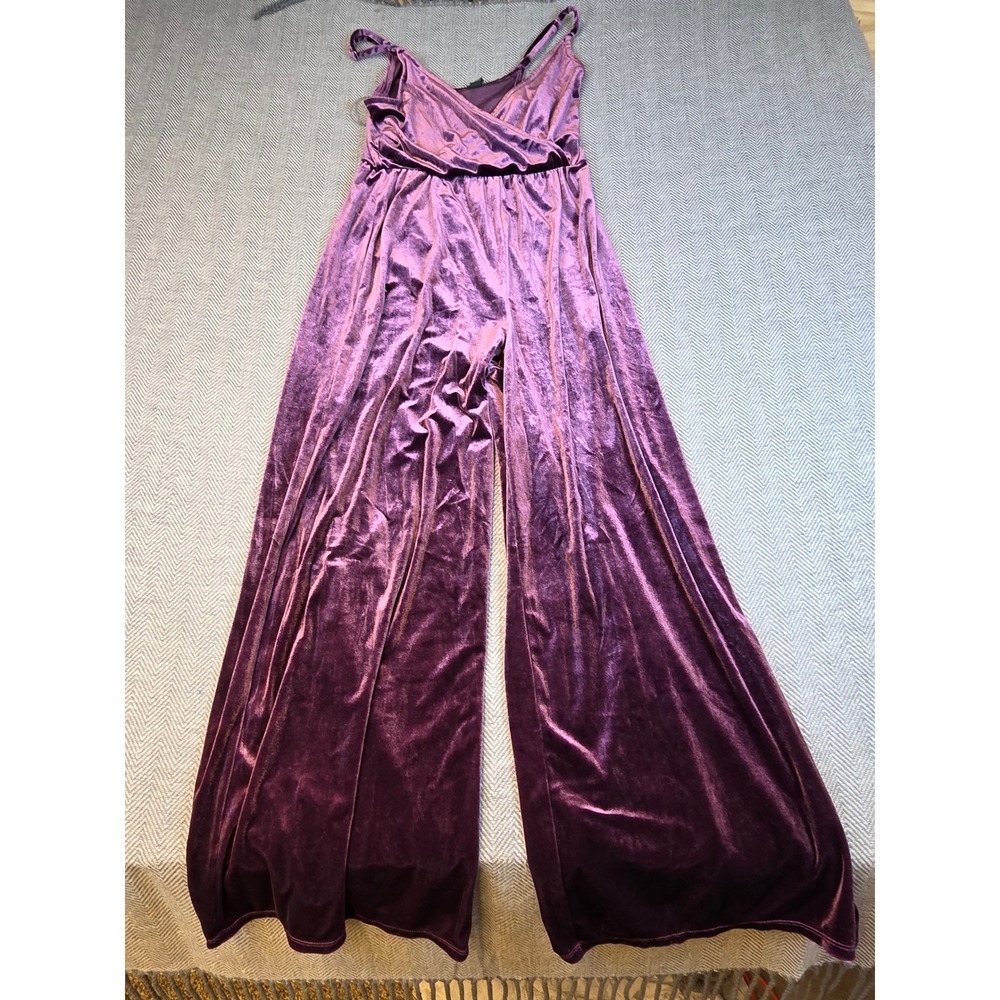 Wild Fable Purple Velvet Wide Leg Jumpsuit Surplice Wrap Spaghetti Strap Small - Picture 2 of 9